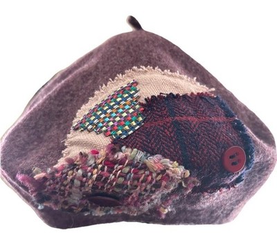 VTG PRT Ultrabasque Wool Beret Hat Patchwork Buttons Academia Clueless Artsy