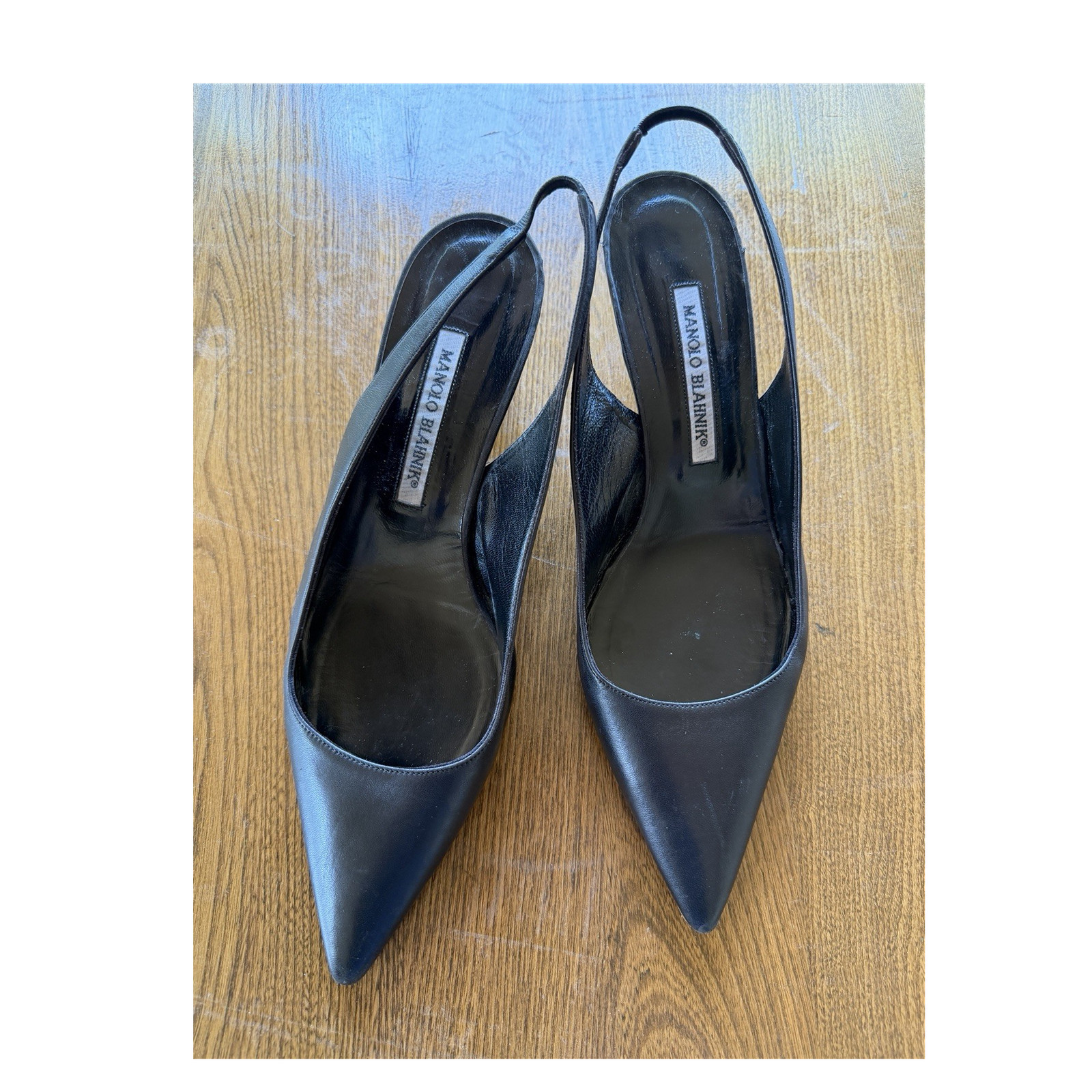 Vintage Manolo Blahnik Black Leather Slingback Kitten Heels Pumps Sz 39.5 Italy