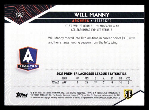 2022 Topps Premier LaCrosse League #139 Will Manny LaCrosse Card - Afbeelding 2 van 2