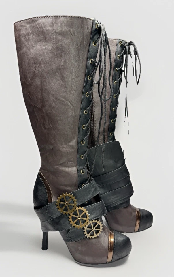 Sz 7 Steampunk Ren Fair Cosplay Knee High 4" Stiletto Heel Boots Gears Halloween - Image 2 of 4