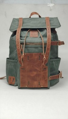 Vintage Waxed Canvas Leather Backpack Roll Top Laptop Travel Hiking Rucksack Uni