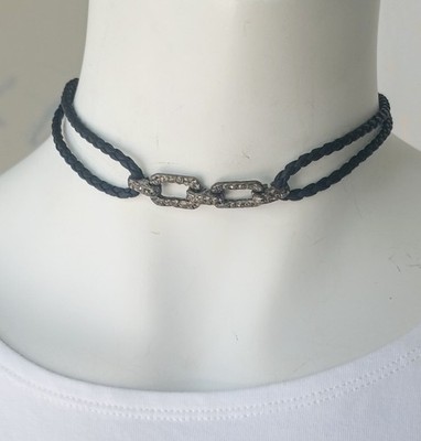 TAT2 Double Link Silver Braided Choker Black Swarovski Crystals