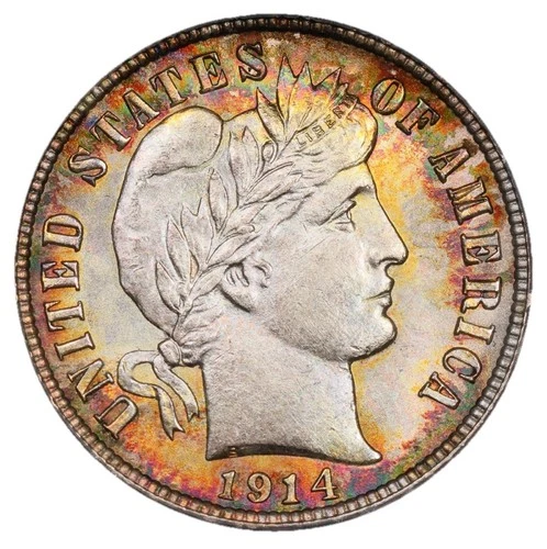 1914 Barber Dime. Toned! PCGS MS63 Colors!!