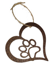 Rustic Tin Ornament Decoration - Paw Print inside Heart Cat Dog