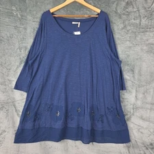 LOGO Lori Goldstein Top 3X Blue Boho Lagenlook Tunic Sequins Beaded Floral