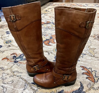 ALDO Brown Leather Zip Tall Buckle Riding Boots Women's Size