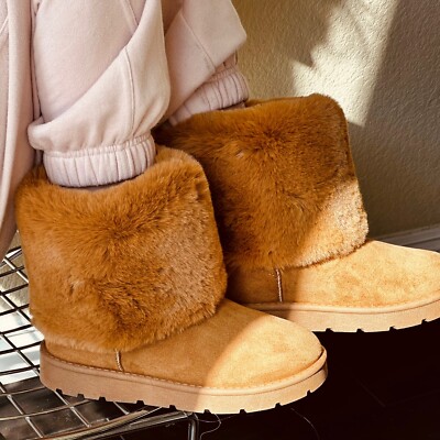 New Women's Faux Fur Pull On Snow Ankle Boots Booties Low Flat Platform Lug  Sole