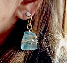 Sea Glass Earrings -Handmade- Sterling Leverback Blue Seaglass , Rings Too
