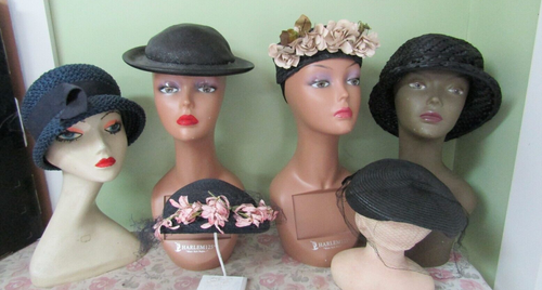 VINTAGE BLACK STRAW HAT COLLECTION OF 6 / FLORALS