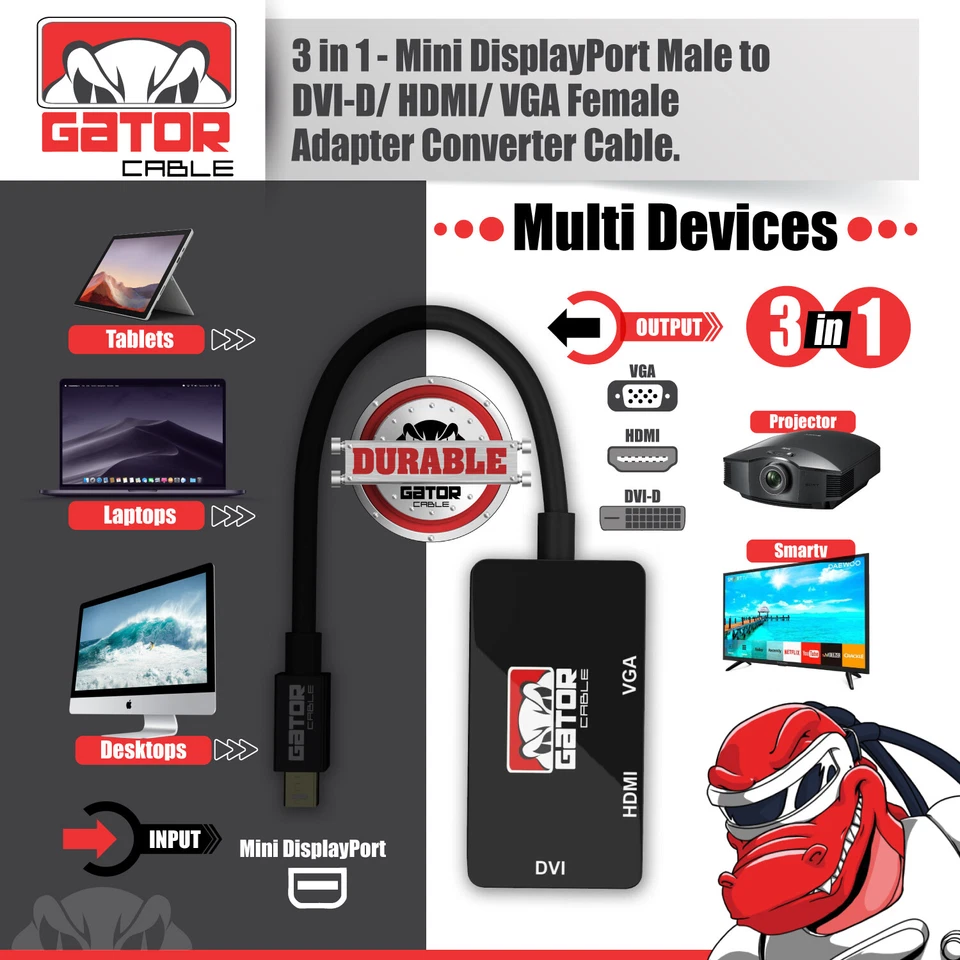 Mini DisplayPort Thunderbolt Male To DVI HDMI VGA Adapter Converter Cable 4 in 1 - Image 2 of 4