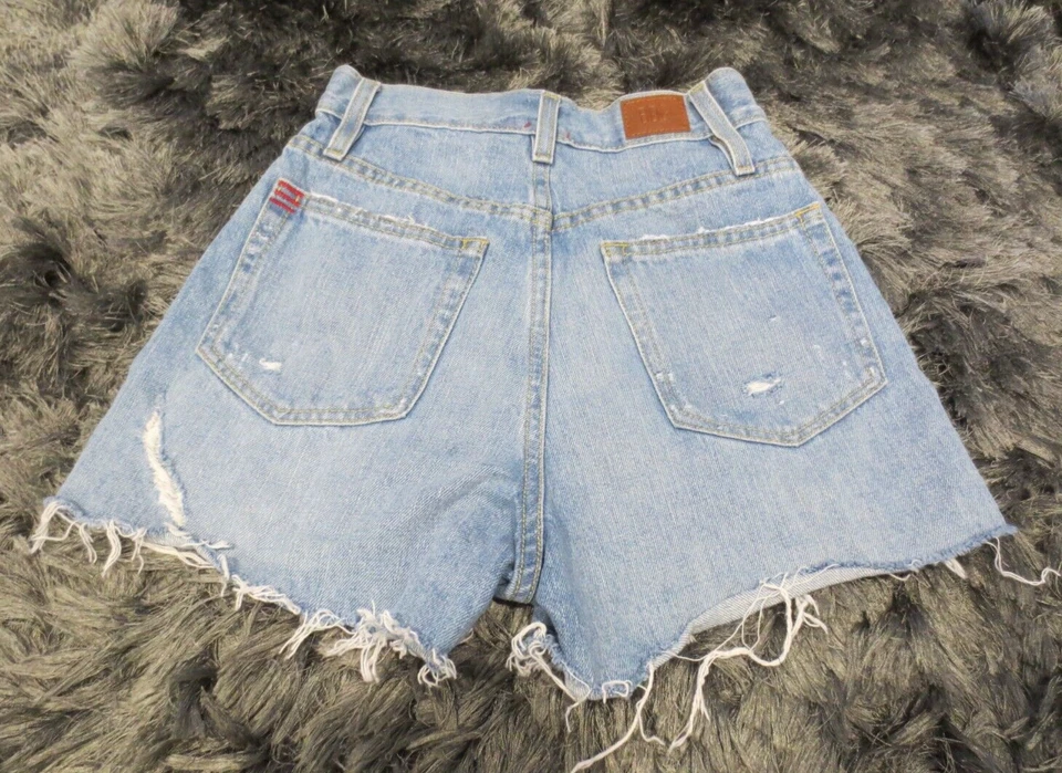 Pantalones Cortos de Jean BDG para Mujer 24 Azul Envejecido Denim Corte Dobladillo Crudo Logo Lavado Claro Foto 3 de 4