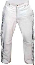 Men White Native American Western Cowboy Fringes Leather Pant Mountain Man