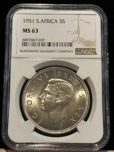 SOUTH AFRICA 5 Shillings 1951, NGC MS 63 Ch UNC / BU, Low Mintage 363,000. X4.