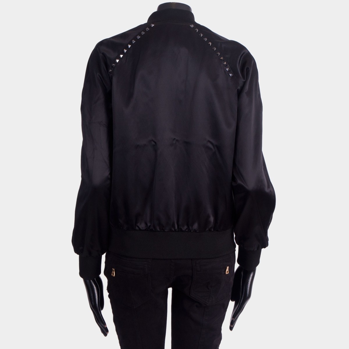 VALENTINO 2950$ Black Satin Bomber Jacket - Rockstuds, Zip VALENTINO 2950$ Black Satin Bomber Jacket - Rockstuds, Zip
