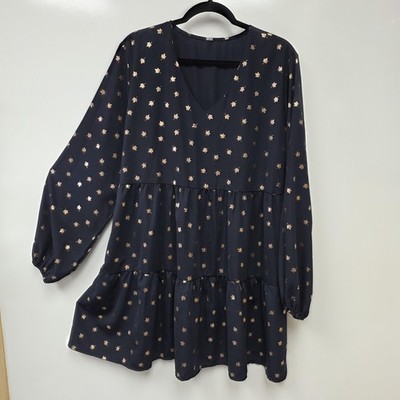 Honeyme Curvy Dress Womens XL Blue Leaf Print Tiered Swing Long Sleeve V Neck