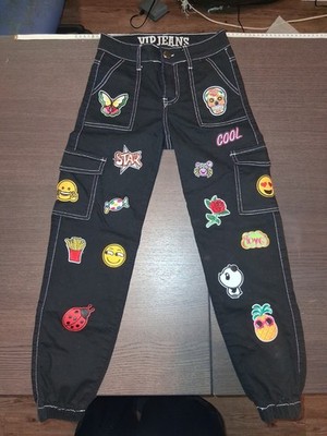 VIP Jeans Girls Cargo Black Patchwork Embroidered Emoji Butterfly Denim Size 00