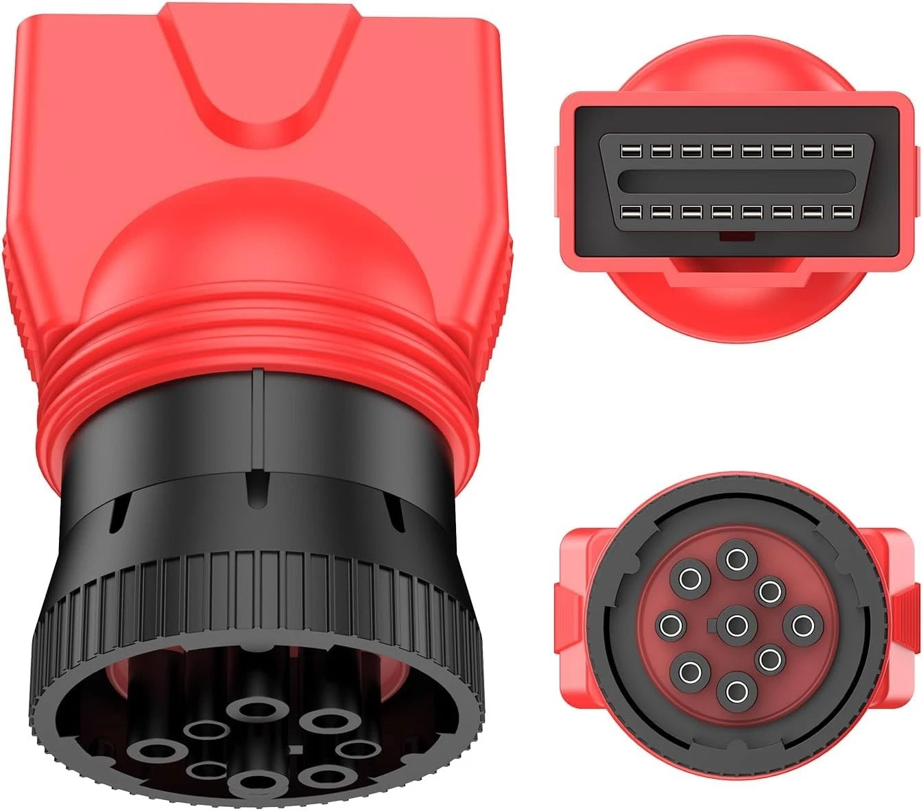 Red and black Autel OBD diagnostic adapter with 9-pin J1939 male to 16-pin OBD2 OBDII connector, shown from side and rear views.