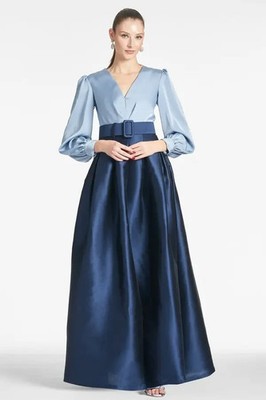 Sachin & Babi Slate Navy Blue Zoe Long Sleeve Mikado Gown Size 12 $895 Less Belt