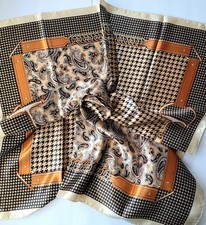 NEW Satin Square Scarf Imitation Silk Equestrian Brown Paisley Houndstooth 35"