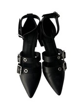 OFFICE black real leather pointy strappy heels shoes size 6 