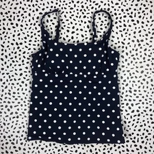 Lands End Navy Polka Dot Square Neck Tummy Contrl Tankini SWIM TOP Rg. 8 505886