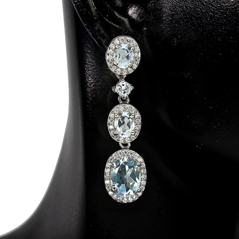 925 Orecchini Argento Sterling Ovale Topazio Blu 8x6mm Bianco Gemma Gioielli - Immagine 2 di 4