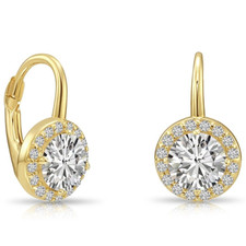 14K Real Solid Yellow Gold Round Halo CZ Drop Earrings French Lever-back
