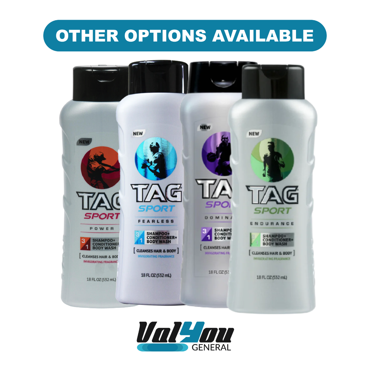 3x Bottles TAG Sport Dominate 3in1 Shampoo Conditioner & Body Wash