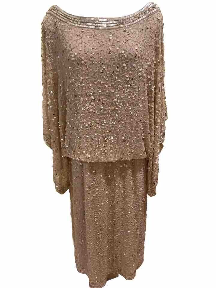 Patra Champagne Beaded Sequins Batwing Sleeve Knock Out Heavy Glam Dress XXL 18