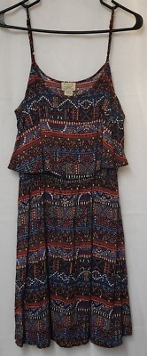 EYELASH COUTURE SUNDRESS BLUE PURPLE GEO EMPIRE WAIST RUFFLE SPAGHETTI STRAP L 