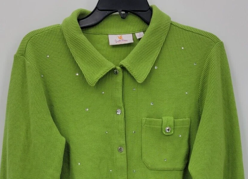 Quacker Factory Cardigan Jacket Womens Medium Lime Green Waffle Knit Rhinestones - Image 3 of 4