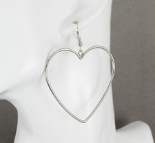 Silver heart earrings earrings 2.5" long dangle lightweight outline heart