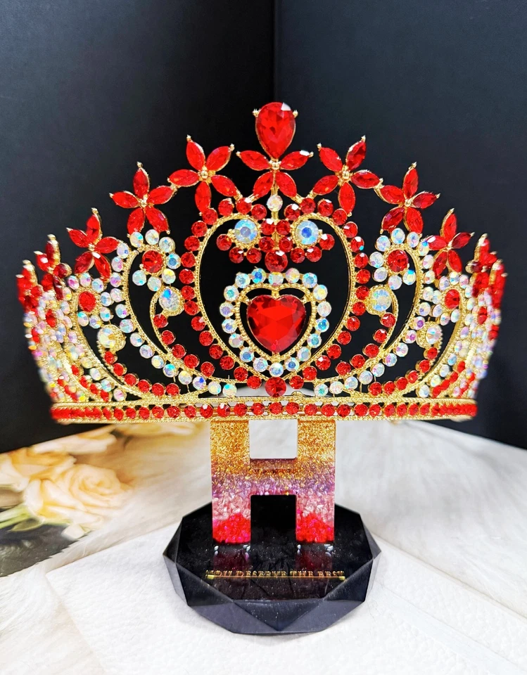 Tiara corazón cristal, tiara dorada, tiara piedra roja, tiara nupcial, corona cumpleaños Foto 3 de 4