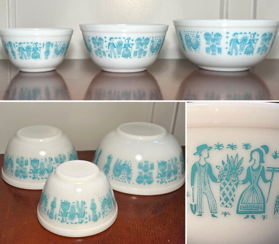 Vtg PYREX Set 3 Turquoise Blue & White Amish Butterprint Nesting