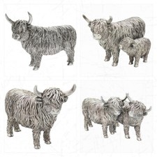 Brushed silver highland cows & calf decorative reflection ornaments/sculptures
