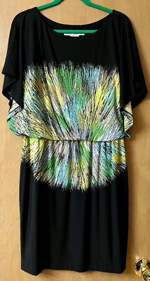 Maggy London Y2K Dress Sz 14 Black Color Burst Design Dolman Short Sleeve Lined
