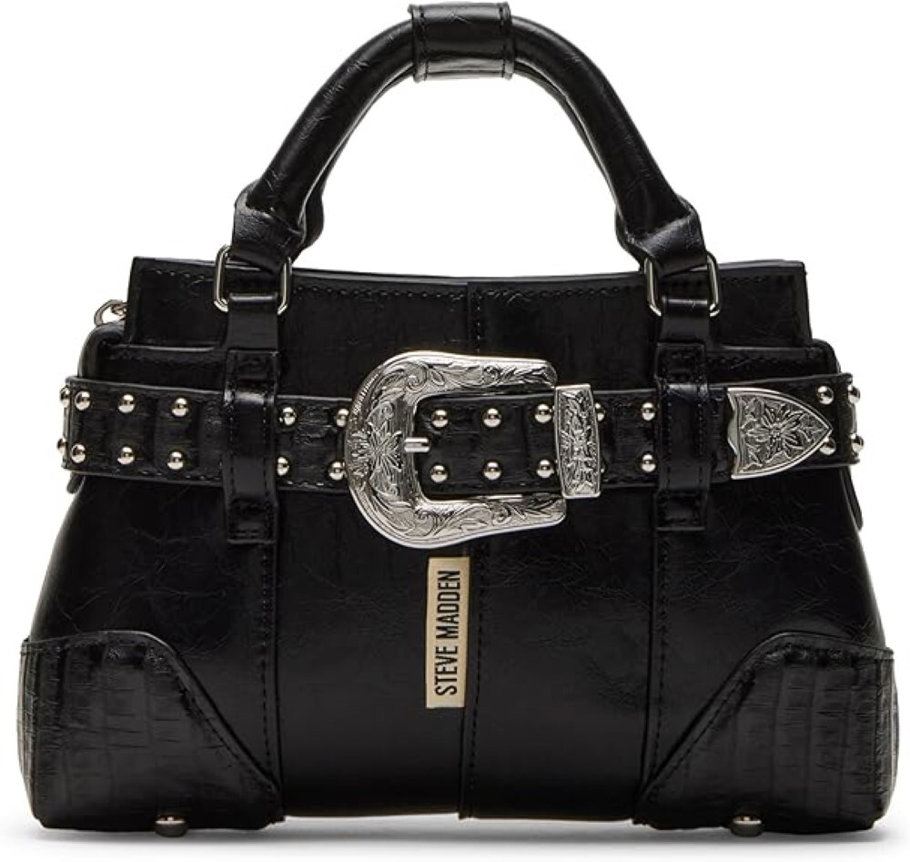 Steve Madden Boom MINI Distressed Black Fx Leather Silver Trim