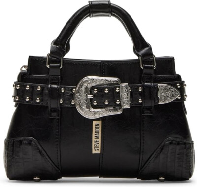 STEVE MADDENのハンドバッグ Steve Madden Boom MINI Distressed Black Fx Leather Silver Trim