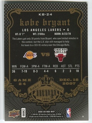 2008-09 Upper Deck MVP Kobe MVP #KB24 Kobe Bryant Lakers - Picture 2 of 2