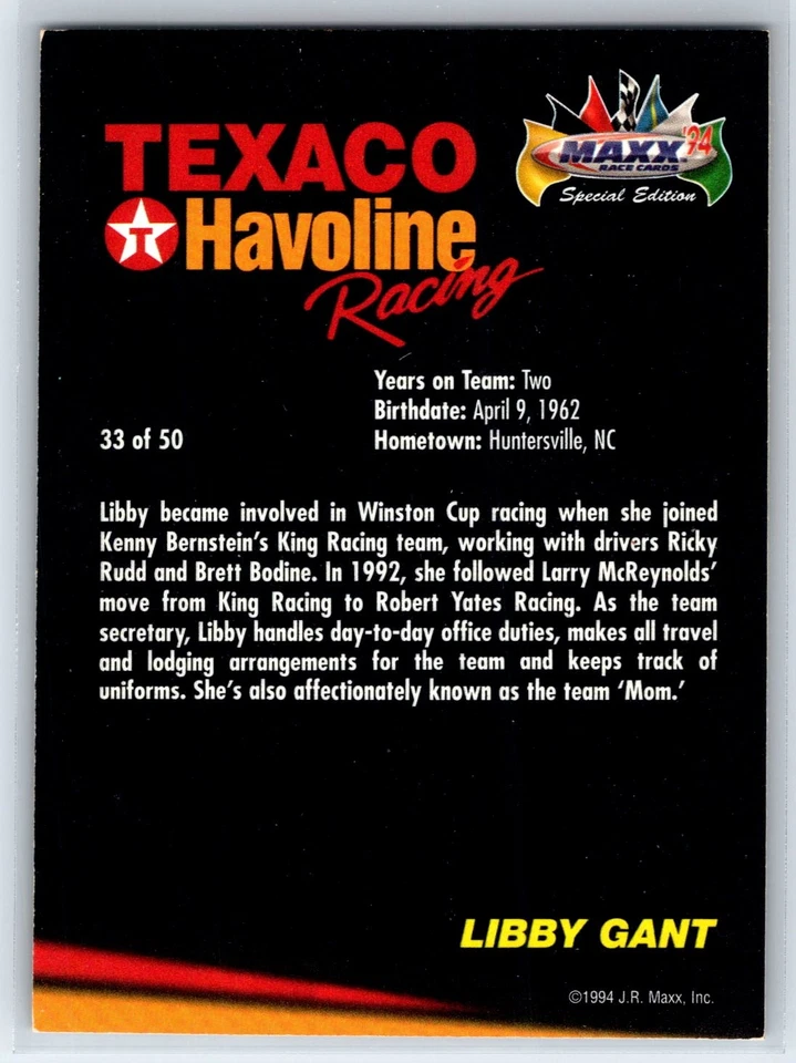 1994 Maxx Texaco Havoline Racing Libby Gant Robert Yates Racing #33 - Image 2 of 2