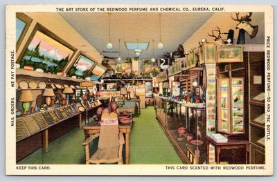 Vintage California Postcard EUREKA Art Store Redwood Perfume 1938