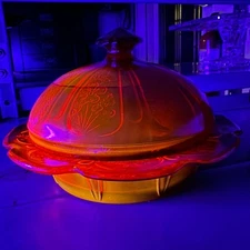 Jeanette Glass Amberina Covered Butter Dish Cherry Blossom Tangerine Glows