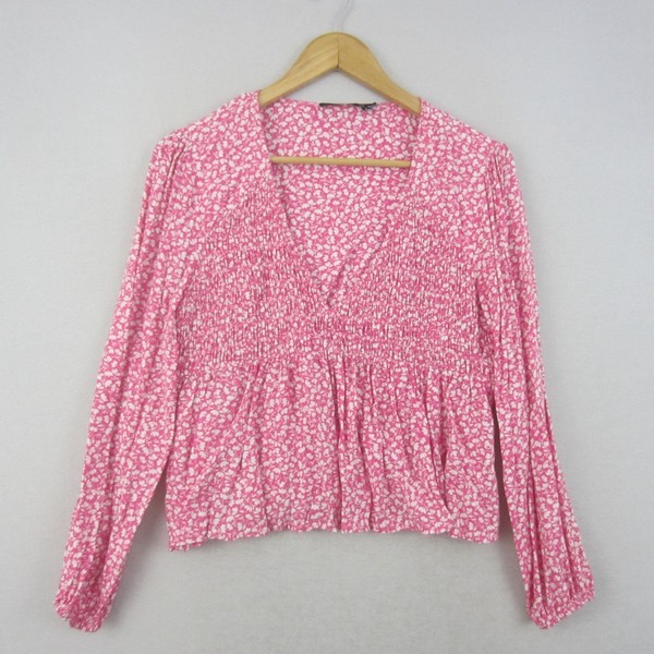 Sportsgirl Top Womens 10 Pink White Floral Long Sleeve Peplum V-Neck Blouse Boho