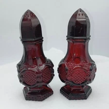 AVON Cape Cod Red Glass Salt & Pepper/Talcom Powder Shakers May 1978 *READ*