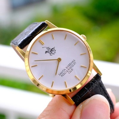 SANTA BARBARA POLO & RACQUET Men's Quartz Watch 33mm Gold White Dial Black Leath