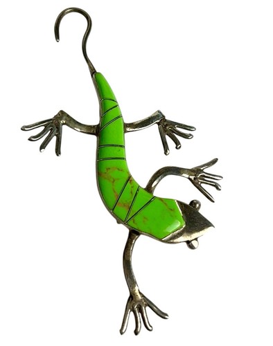 Vintage Sterling Silver Lizard Gecko Pin Brooch Green Gemstone Inlay - Picture 2 of 6