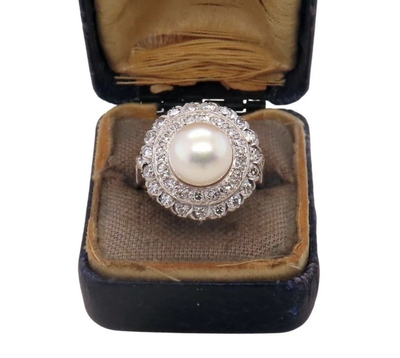 Antique Art Deco Palladium Pearl & Diamond Ring 1.00ct Single Cut Diamonds 1930s