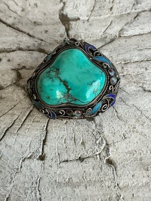 Antique Fine Silver Filigree & Turquoise Stone Embellished  Brooch, Marked