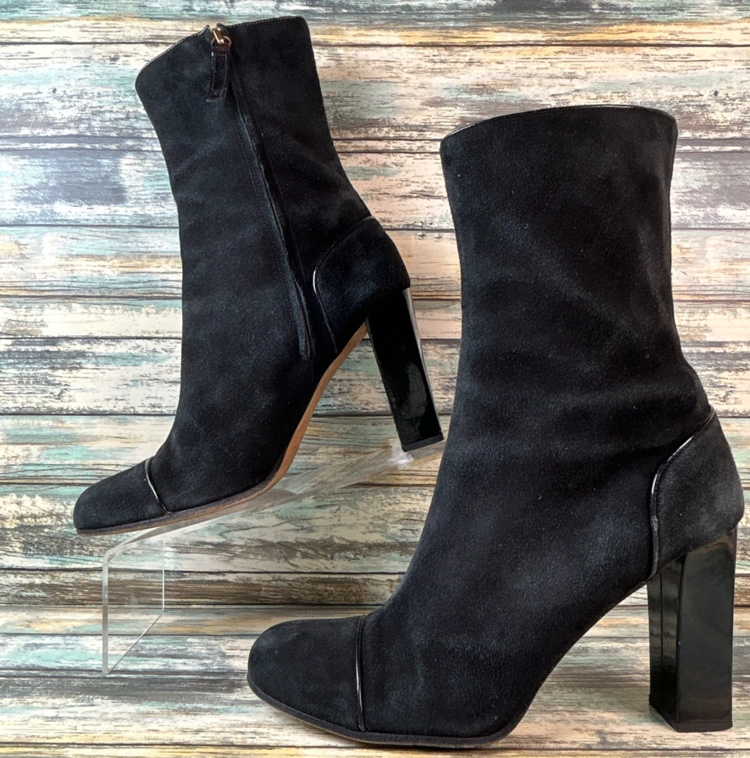 Stivaletto Kate Spade taglia 9B nero scamosciato tacco a blocco zip punta tonda abito punta cappuccio