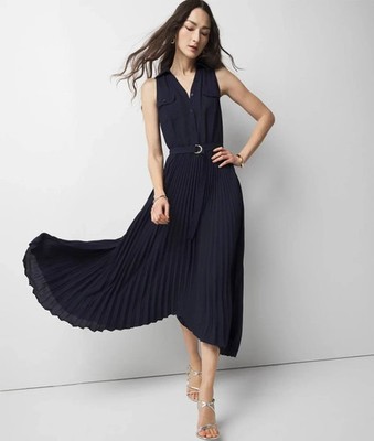 white house black market pleated dress White House Black Market Pleated Midi Shirt Dress Blue Size 8 Pockets Belt  NWOT